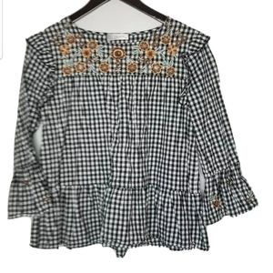 JJ's Fairyland Women's Gingham Boho Top Floral Embroidered Size Medium